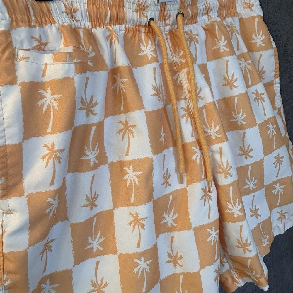 Free Planet Mens Large Hawaiian Lined Swim Trunks & Shirt Orange & White